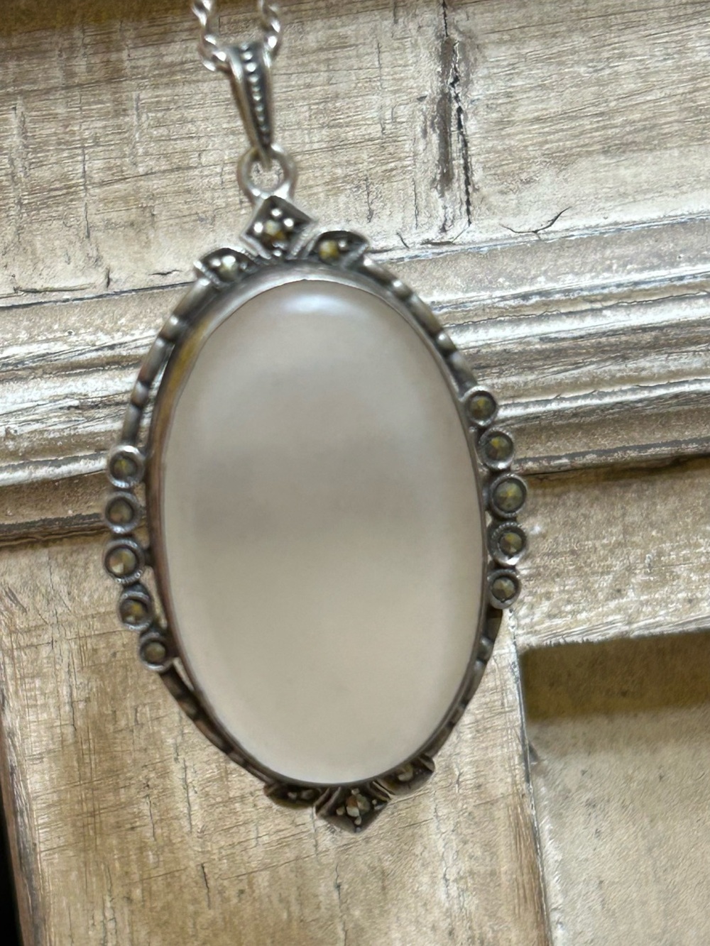 Vintage Sterling Art Deco Camphor Glass And Marcasite Pendant Necklace